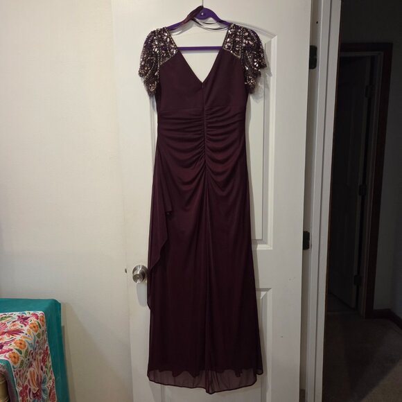 Woman's Burgundy Xscape Beaded Sleeve Ruched Gown - Picture 9 of 9